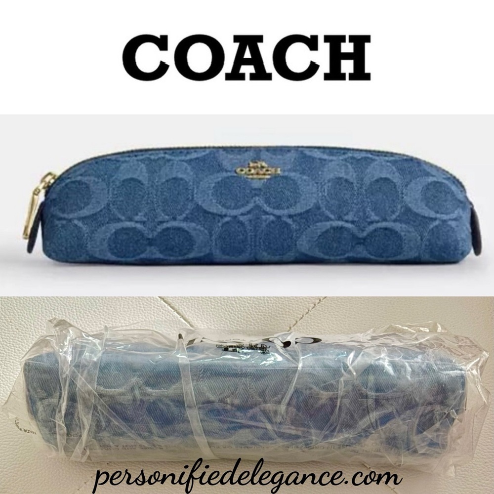 NEW Coach Limited Edition Signature Print Indigo Blue Denim Gold Pencil Case